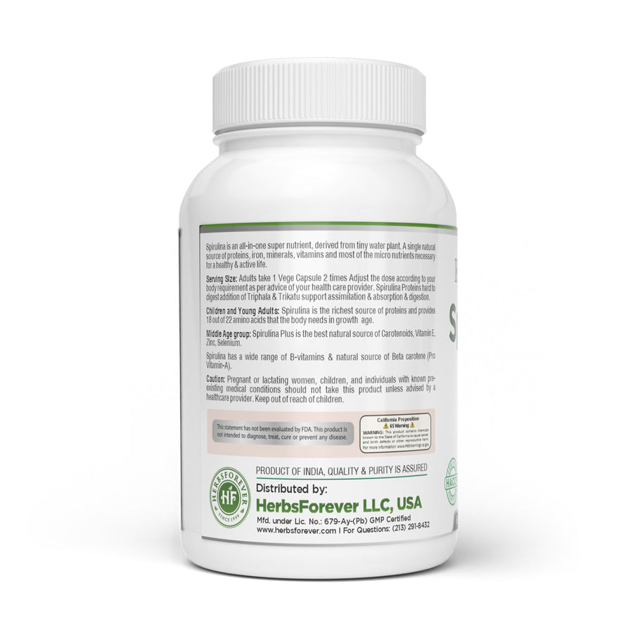 Spirulina Plus Capsules - Ayurvedic Herbal Supplement (90 Vege Capsules – 800 Mg Each)