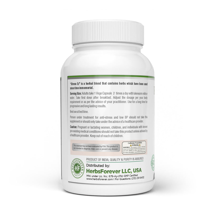Stress Ez Capsules - Ayurvedic Herbal Supplement – (90 Vege Capsules – 800 Mg Each)