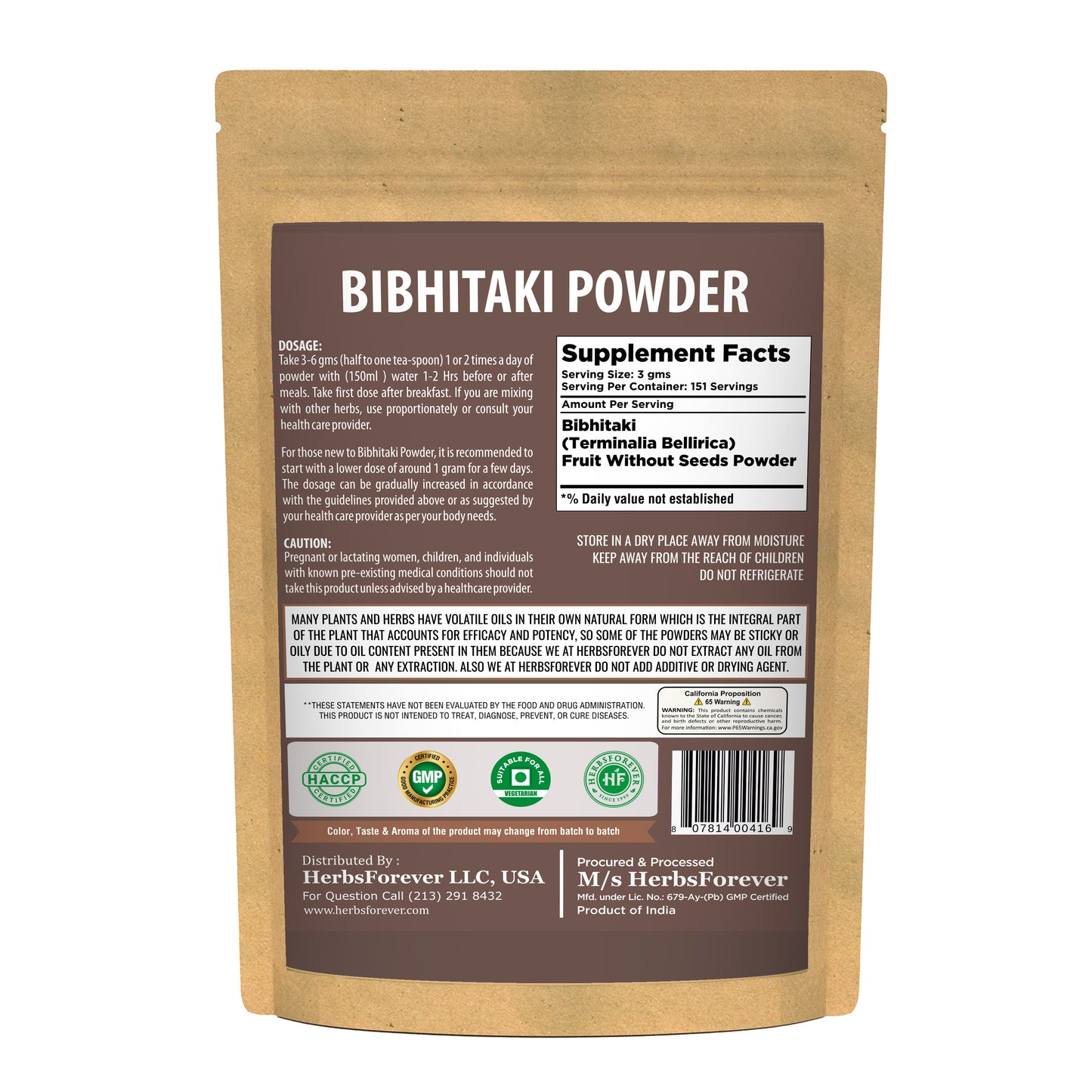 Bibhitaki Powder (Terminalia Bellerica) - Non GMO - Vegan - (454 Gms -1 LBS)