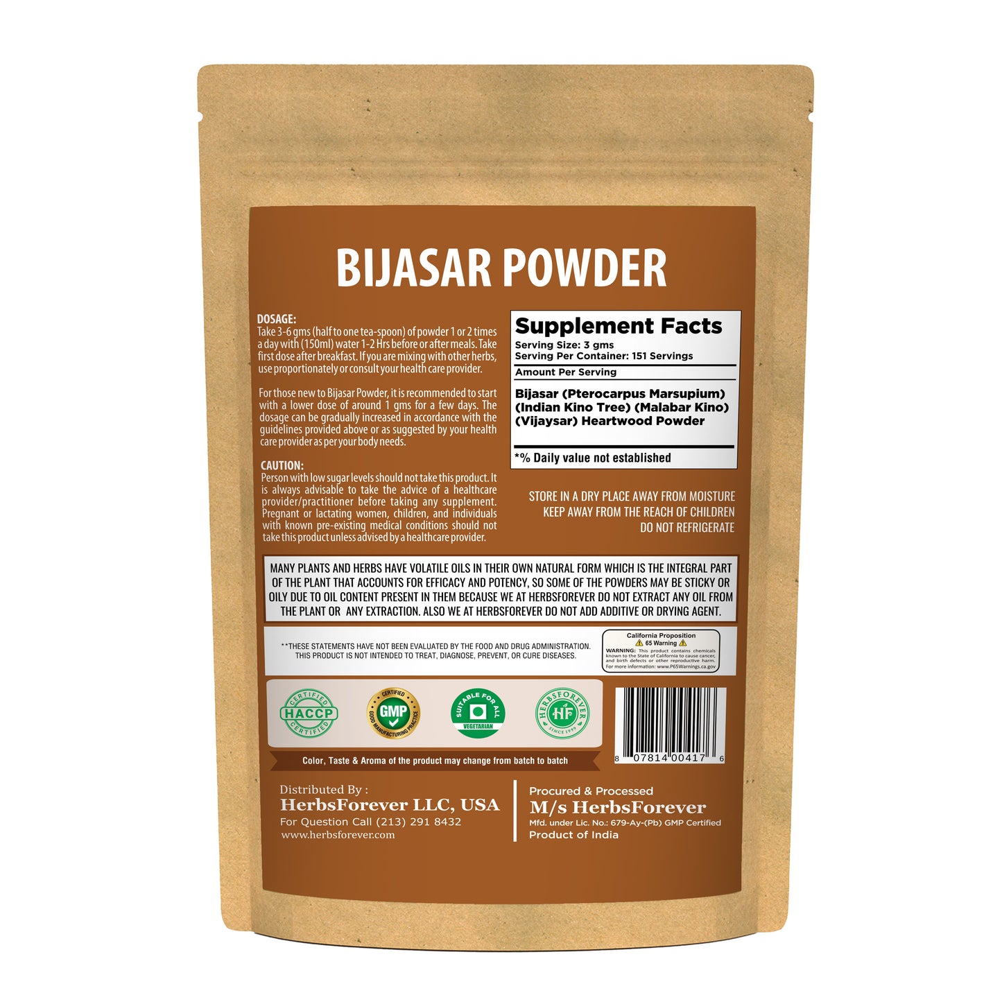 Bijasar Powder (Vijaysar Powder) (Pterocarpus Marsupium) - Non GMO - Vegan - (454 Gms - 1LBS)
