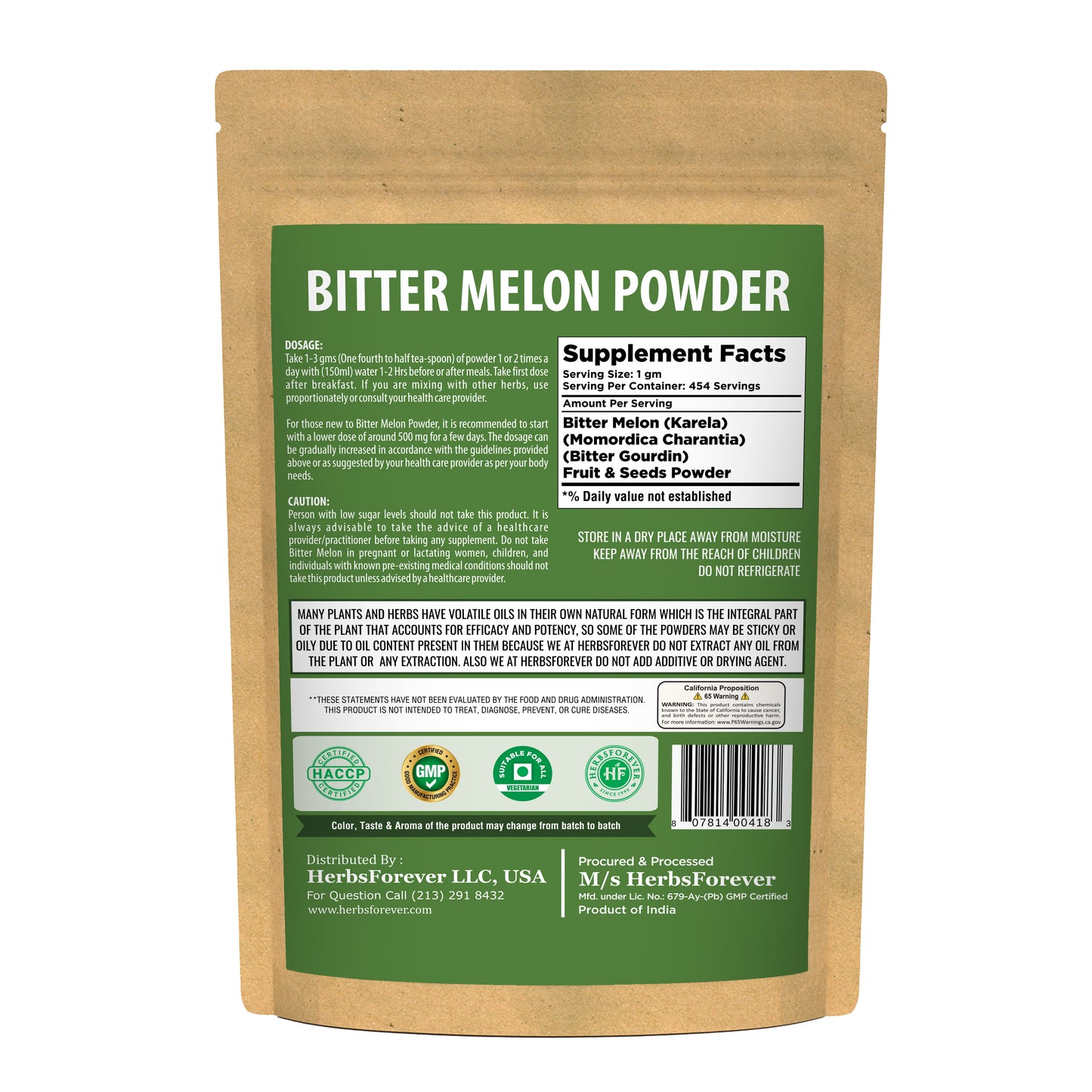 Bitter Melon (Karela) Powder (Momordica Charantia ) – Non GMO – Vegan – (454 Gms – 1LBS)