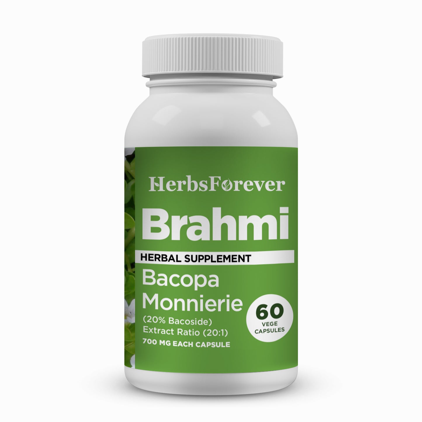 Brahmi Capsules (Bacopa Monnieri) - 20% Bacoside - Extract Ratio 20:1 - 60 Vege Capsules - 700 mg each