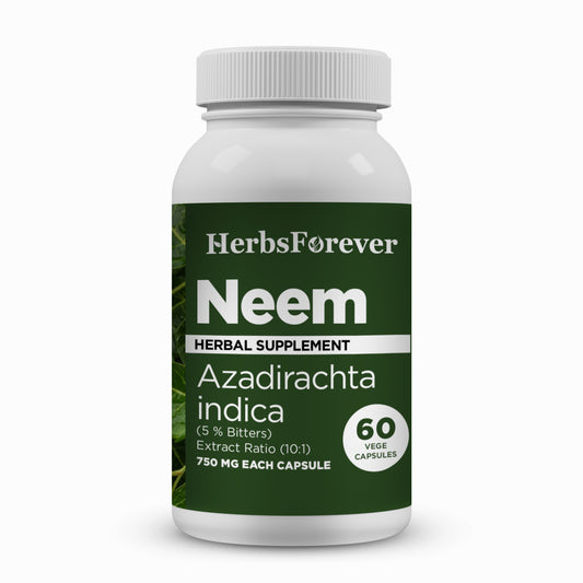 Neem Capsules – Azadirachta Indica - 5% Bitters - Extract Ratio 10:1 - 60 Vege Capsules - 750 mg each