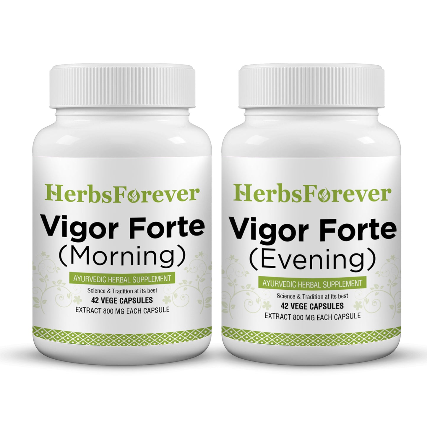 Vigor Forte Capsules - Ayurvedic Herbal Supplement – Combination Pack (2 Bottles) Morning Strength: 42 Capsules, 800 mg each & Evening Strength 42 Veg Capsules, 800 mg each