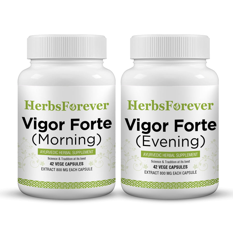 Vigor Forte Capsules - Ayurvedic Herbal Supplement – Combination Pack (2 Bottles) Morning Strength: 42 Capsules, 800 mg each & Evening Strength 42 Veg Capsules, 800 mg each