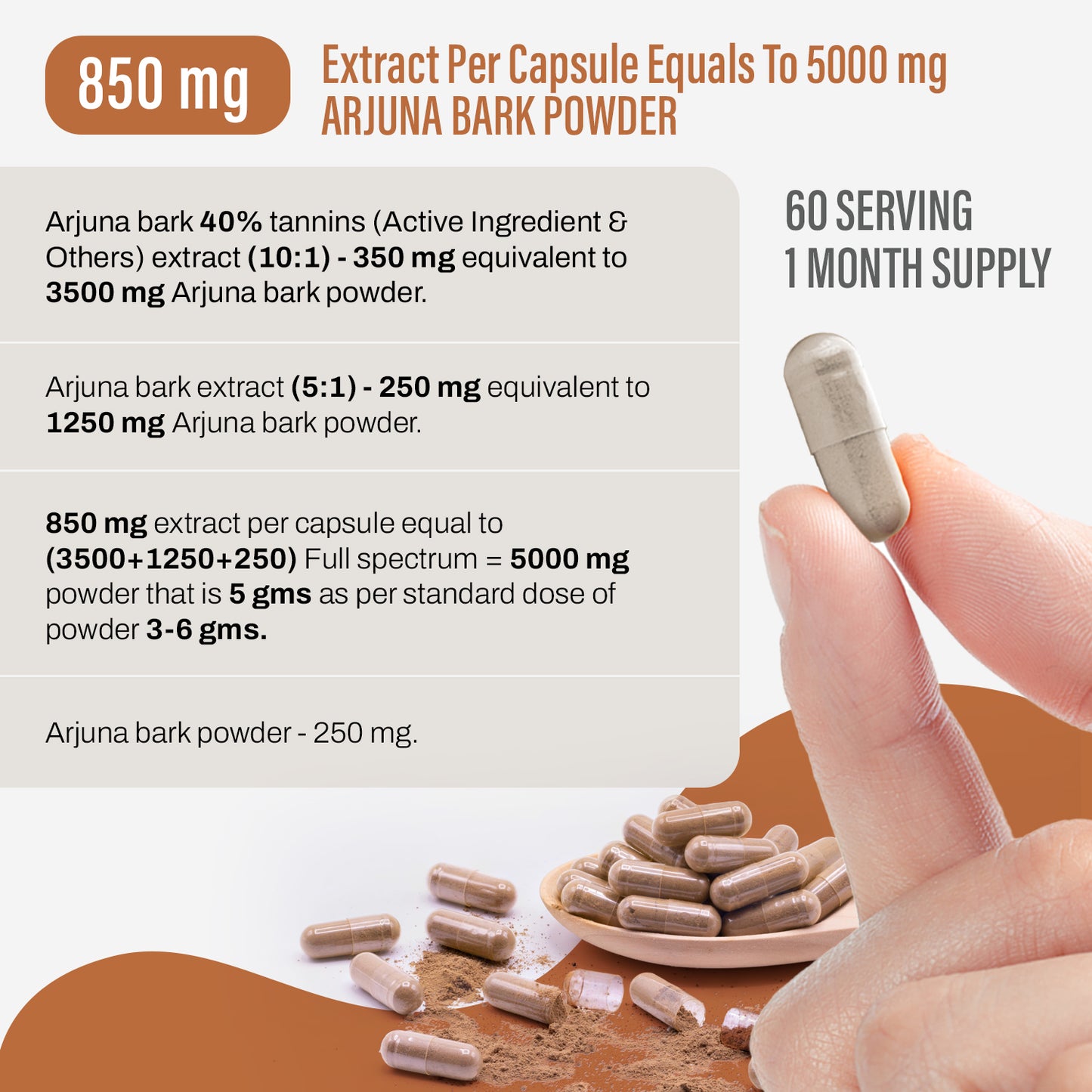 Arjuna Capsules - Terminalia Arjuna - 40% Tannins - Extract Ratio 10:1 - 60 Vege Capsules - 850 mg each