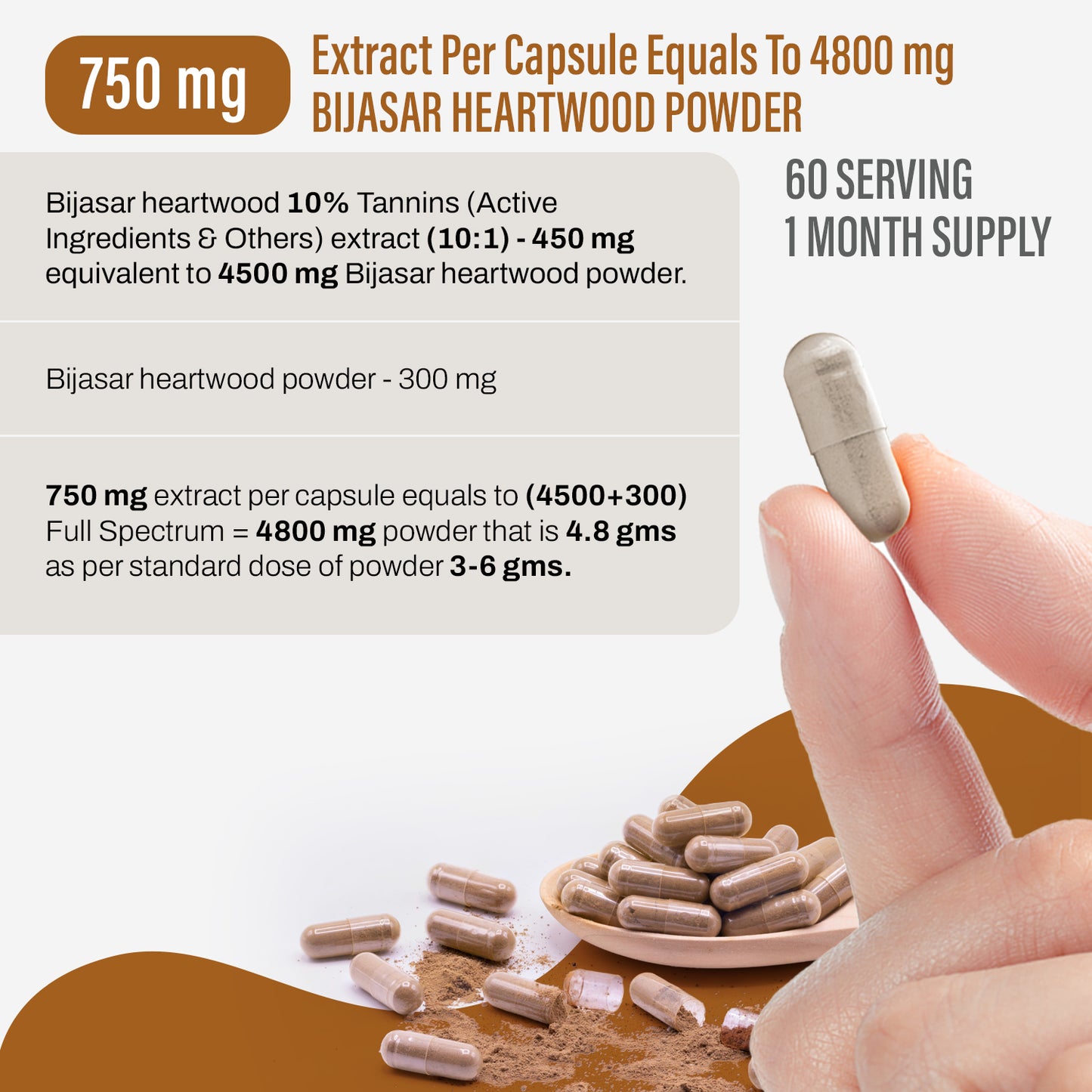 Bijasar Capsules - Pterocarpus Marsupium - 10% Tannins - Extract Ratio 10:1 - 60 Vege Capsules - 750 mg each