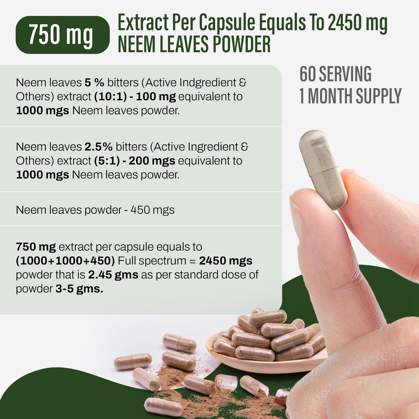 Neem Capsules – Azadirachta Indica - 5% Bitters - Extract Ratio 10:1 - 60 Vege Capsules - 750 mg each