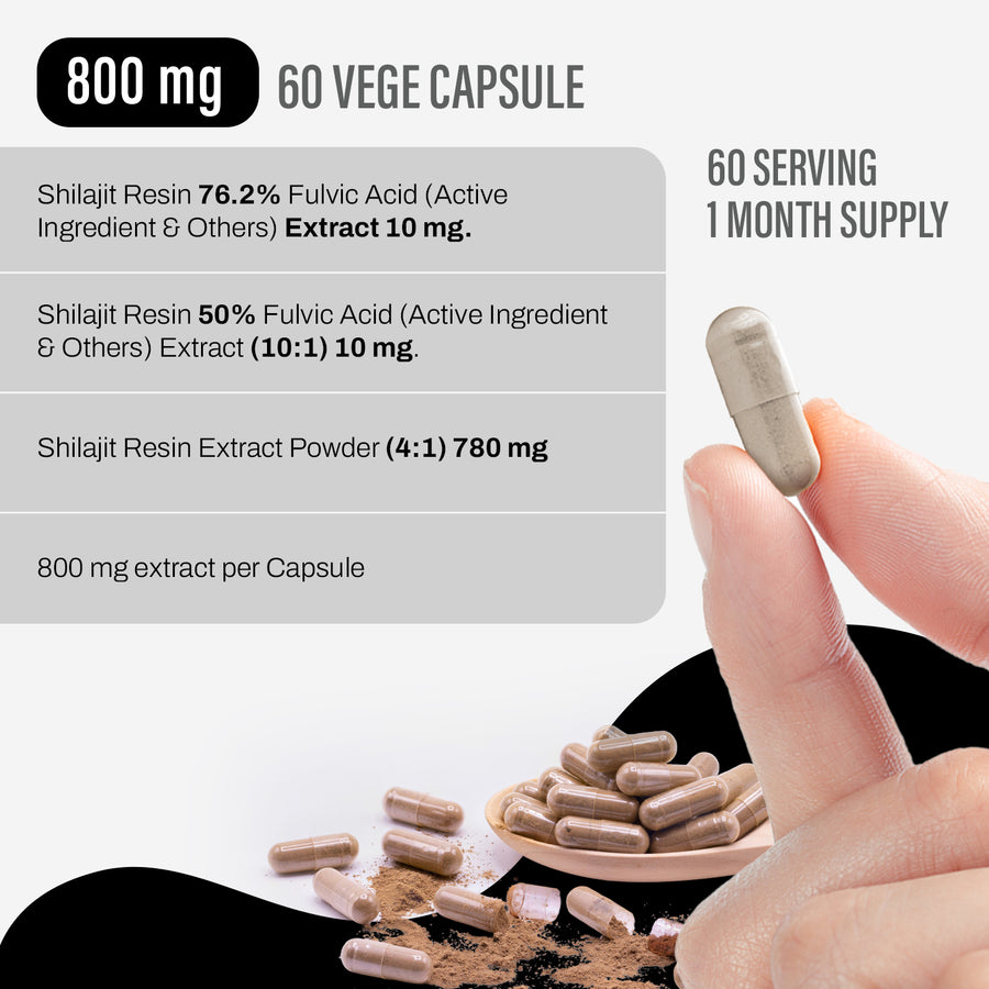 Shilajit Capsules – Mineral Pitch - 76.2% Fulvic Acid - Extract Ratio 10:1 - 60 Vege Capsules - 800 mg each