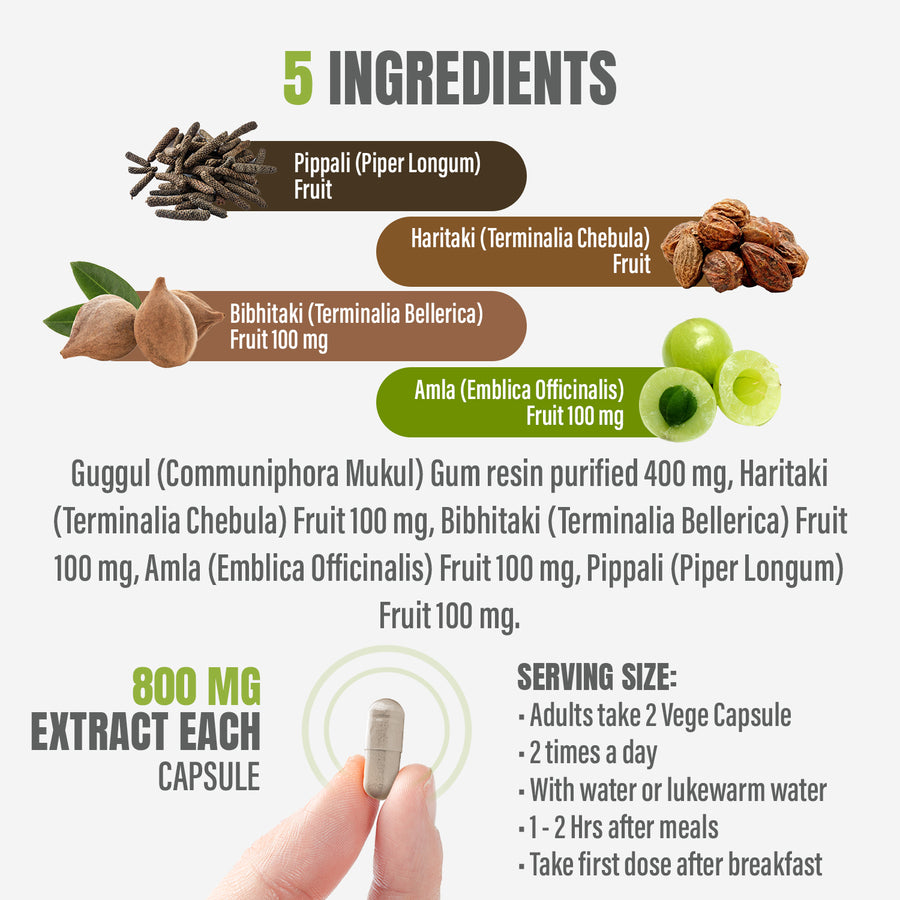 Triphala Guggulu - Ayurvedic Herbal Supplement - 90 Vege Capsules - 800 Mg Each