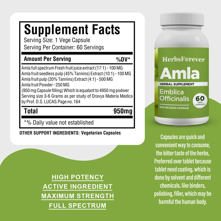 Amla Capsules - Embelica Officinalis - 45% Tannins - Extract Ratio 10:1 - 60 Vege Capsules - 950 mg each