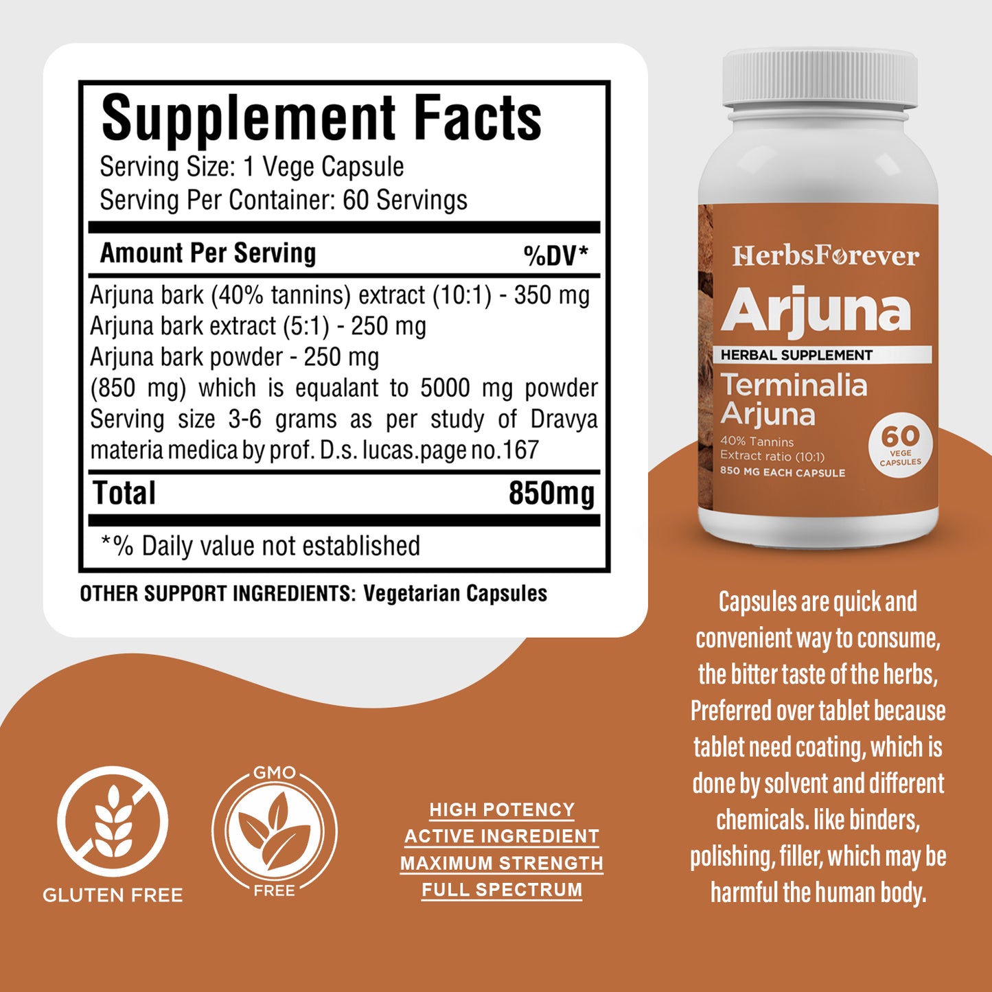 Arjuna Capsules - Terminalia Arjuna - 40% Tannins - Extract Ratio 10:1 - 60 Vege Capsules - 850 mg each
