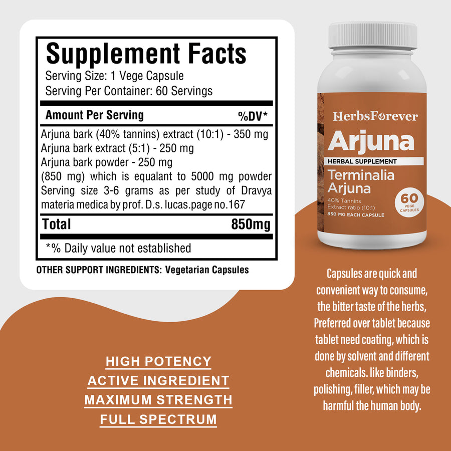 Arjuna Capsules - Terminalia Arjuna - 40% Tannins - Extract Ratio 10:1 - 60 Vege Capsules - 850 mg each