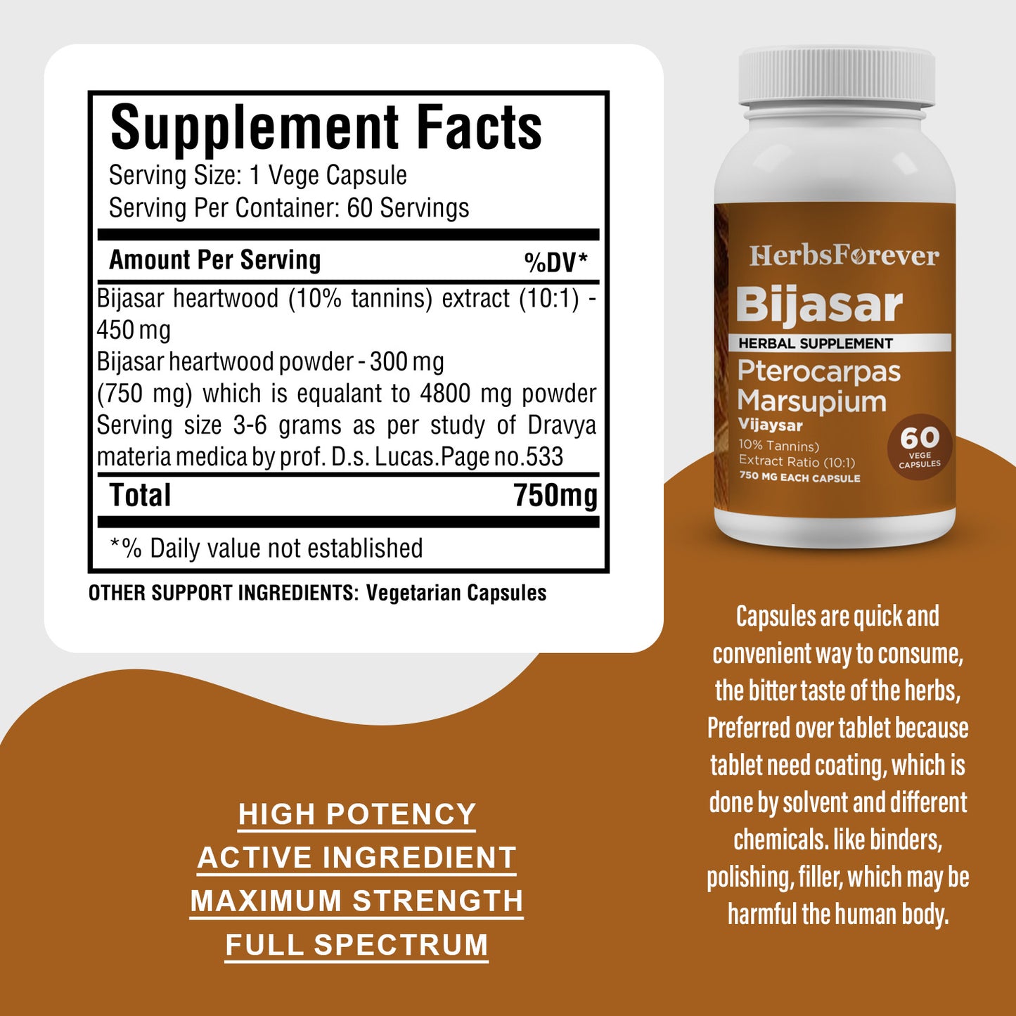 Bijasar Capsules - Pterocarpus Marsupium - 10% Tannins - Extract Ratio 10:1 - 60 Vege Capsules - 750 mg each