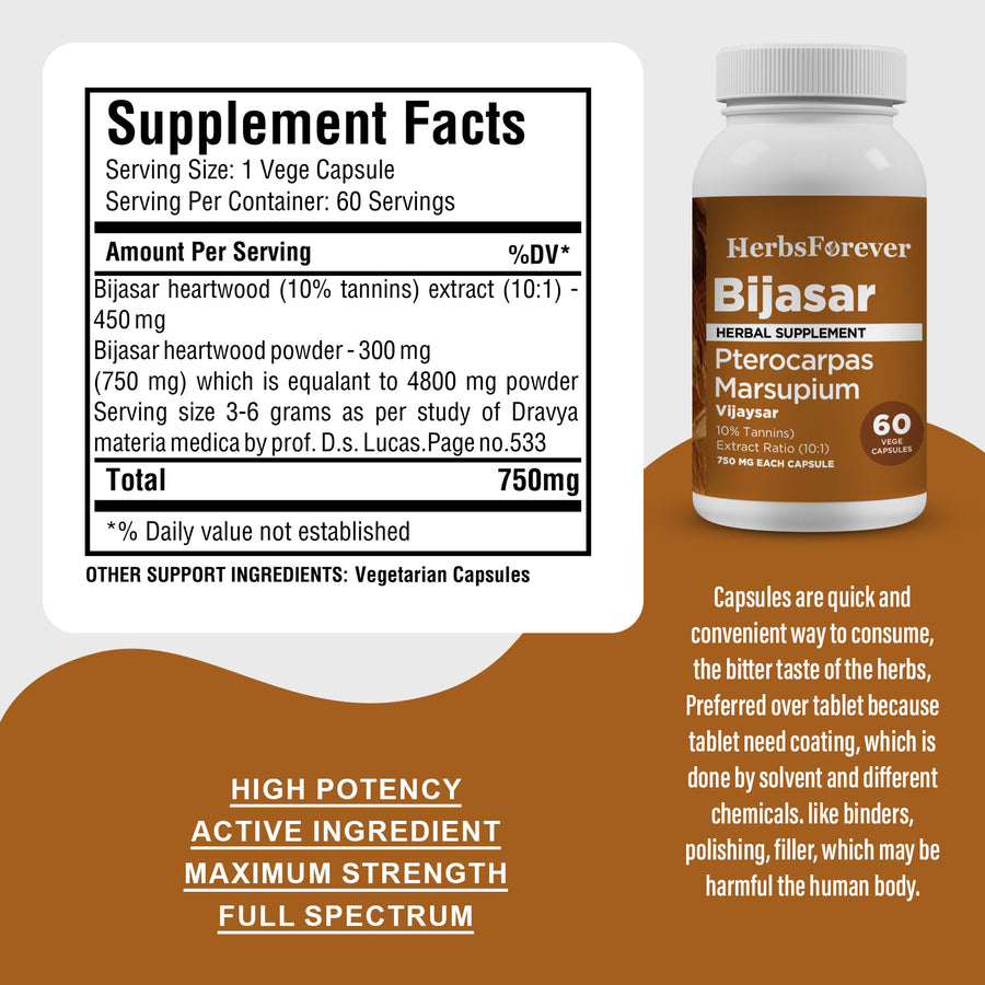 Bijasar Capsules - Pterocarpus Marsupium - 10% Tannins - Extract Ratio 10:1 - 60 Vege Capsules - 750 mg each