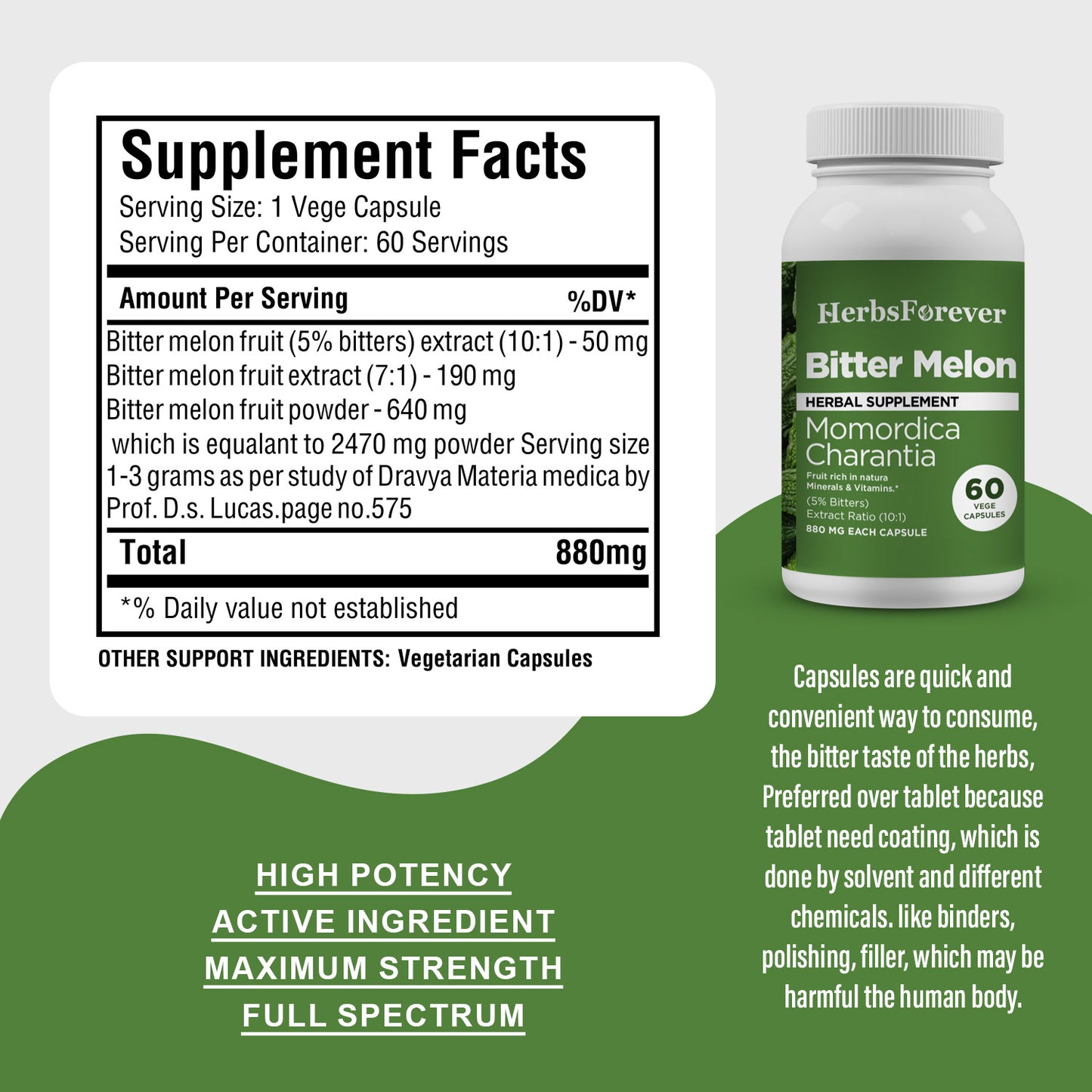 Bitter Melon Capsules (Momordica Charantia) - 5% Bitters - Extract Ratio 10:1 - 60 Vege Capsules - 880 mg each