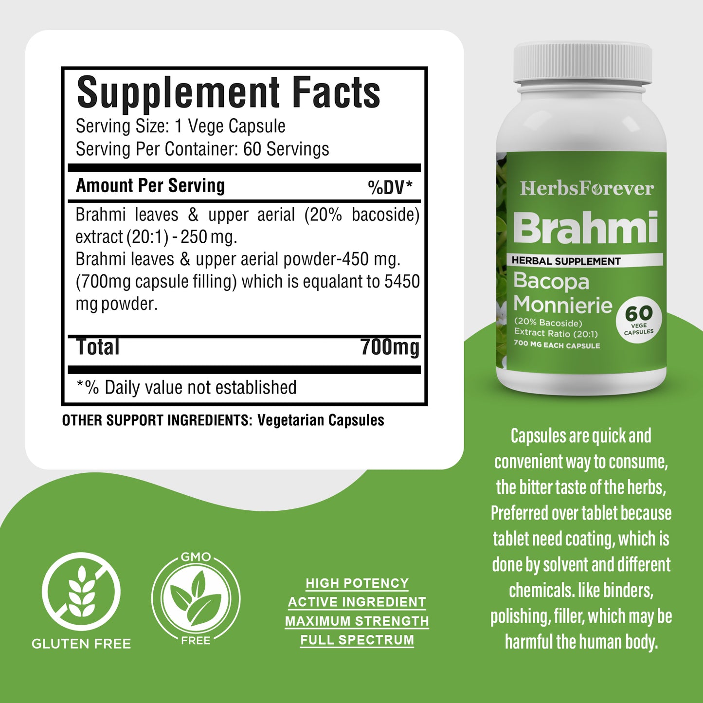 Brahmi Capsules (Bacopa Monnieri) - 20% Bacoside - Extract Ratio 20:1 - 60 Vege Capsules - 700 mg each