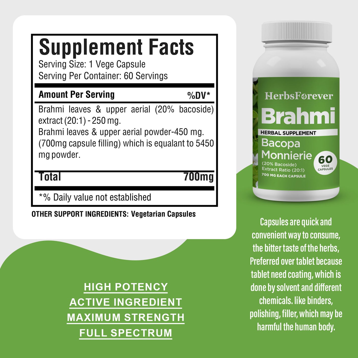 Brahmi Capsules (Bacopa Monnieri) - 20% Bacoside - Extract Ratio 20:1 - 60 Vege Capsules - 700 mg each