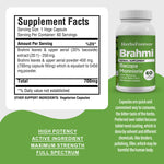 Brahmi Capsules (Bacopa Monnieri) - 20% Bacoside - Extract Ratio 20:1 - 60 Vege Capsules - 700 mg each