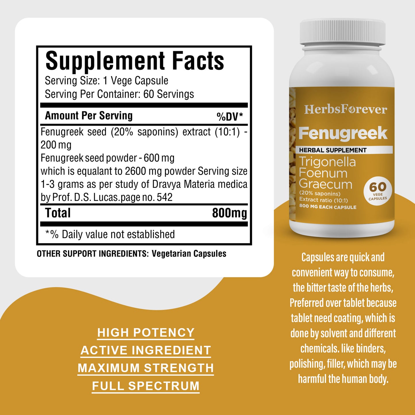 Fenugreek Capsules (Trigonellafoenum Graecum) - 20% Saponins - Extract Ratio 10:1 - 60 Vege Capsules - 800 mg each