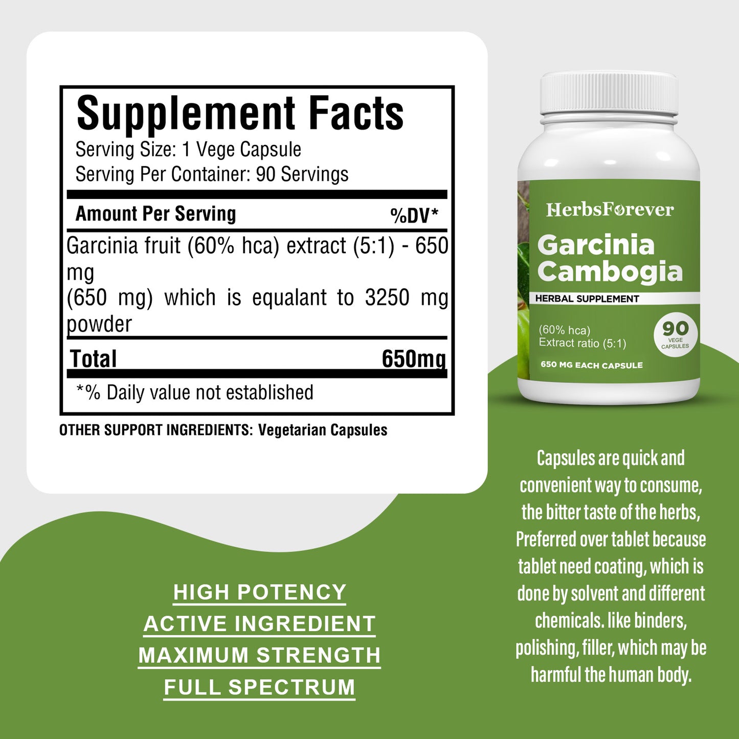 Garcinia Capsules - Garcinia cambogia - 60% HCA - Extract Ratio 5:1 - 90 Vege Capsules - 650 mg each