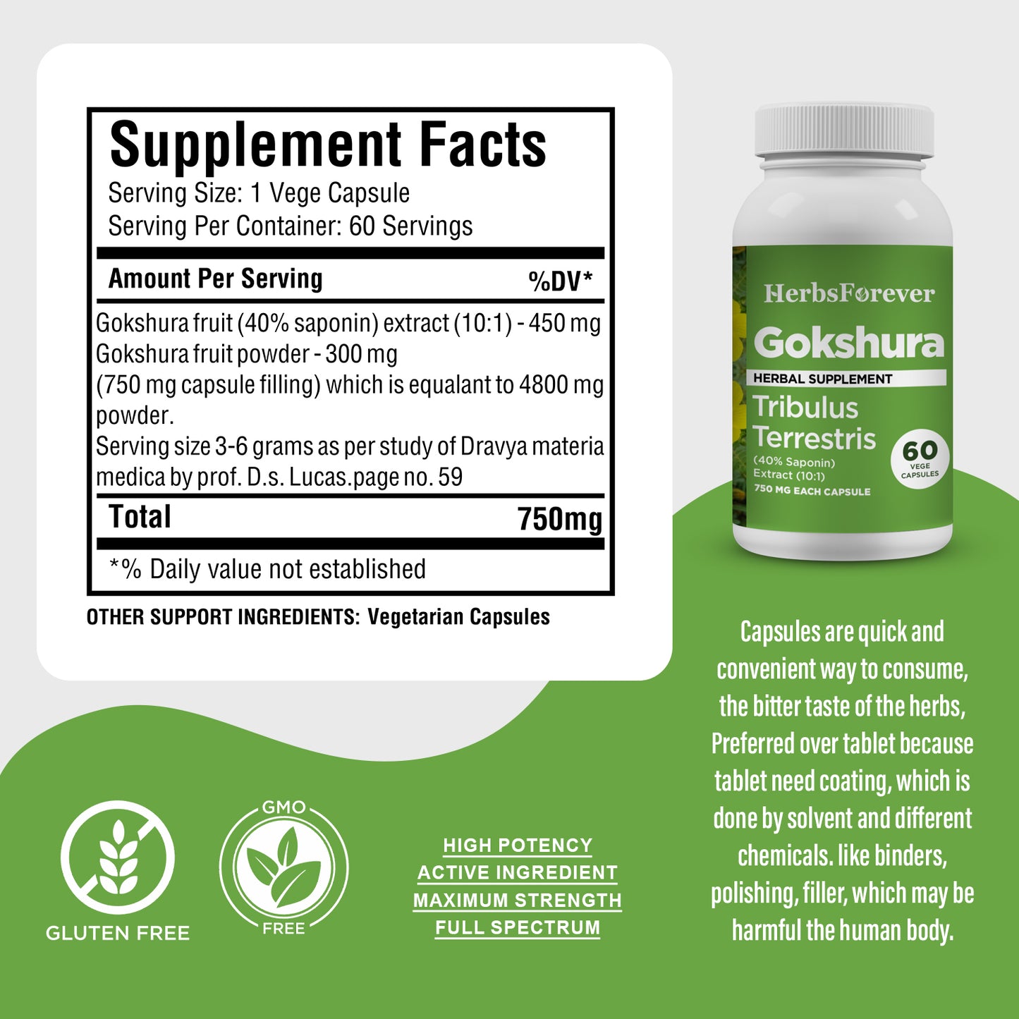 Gokshura Capsules - Tribulus Terrestris - 40% Saponin - Extract Ratio 10:1 - 60 Vege Capsules - 750 mg each