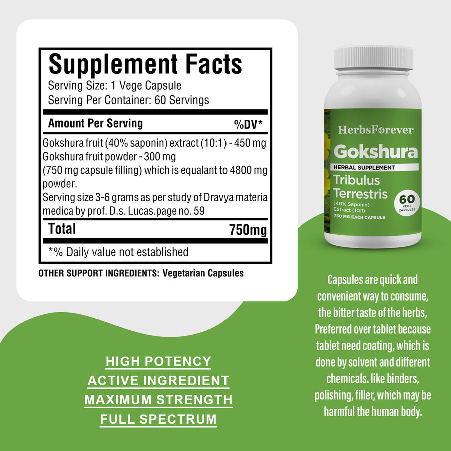 Gokshura Capsules - Tribulus Terrestris - 40% Saponin - Extract Ratio 10:1 - 60 Vege Capsules - 750 mg each