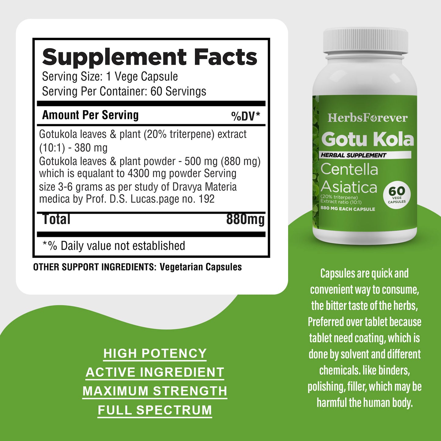 Gotu kola Capsules – Centella Asiatica - 20% triterpene - Extract Ratio 10:1 - 60 Vege Capsules - 880 mg each