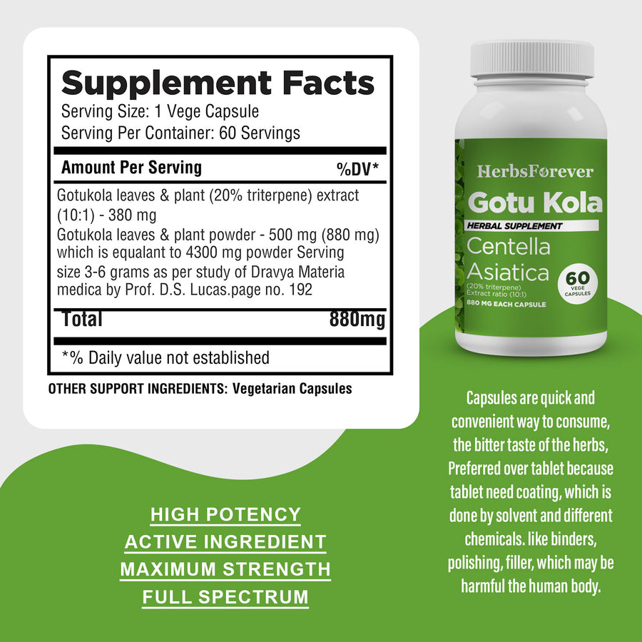 Gotu kola Capsules – Centella Asiatica - 20% triterpene - Extract Ratio 10:1 - 60 Vege Capsules - 880 mg each