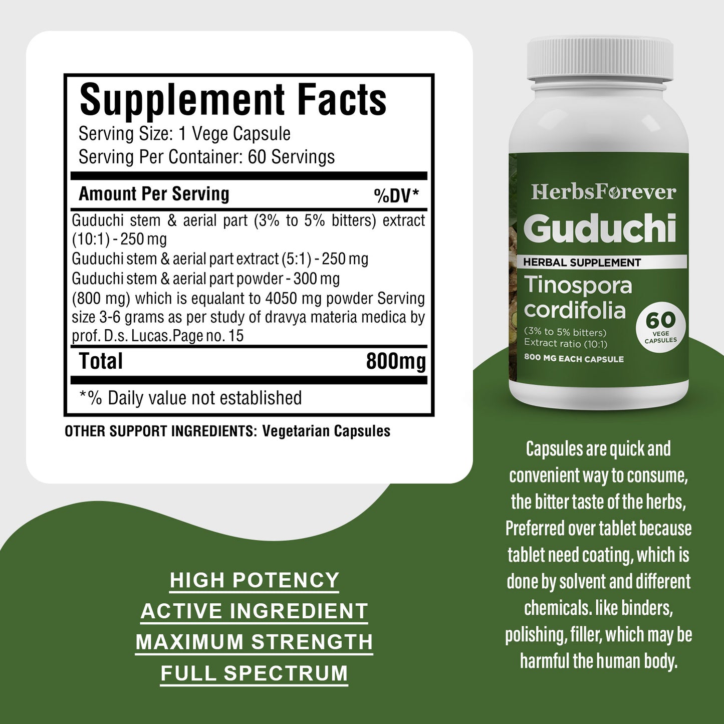 Guduchi Capsules – Tinospora Cordifolia - 3% to 5% bitters - Extract Ratio 10:1 - 60 Vege Capsules - 800 mg each