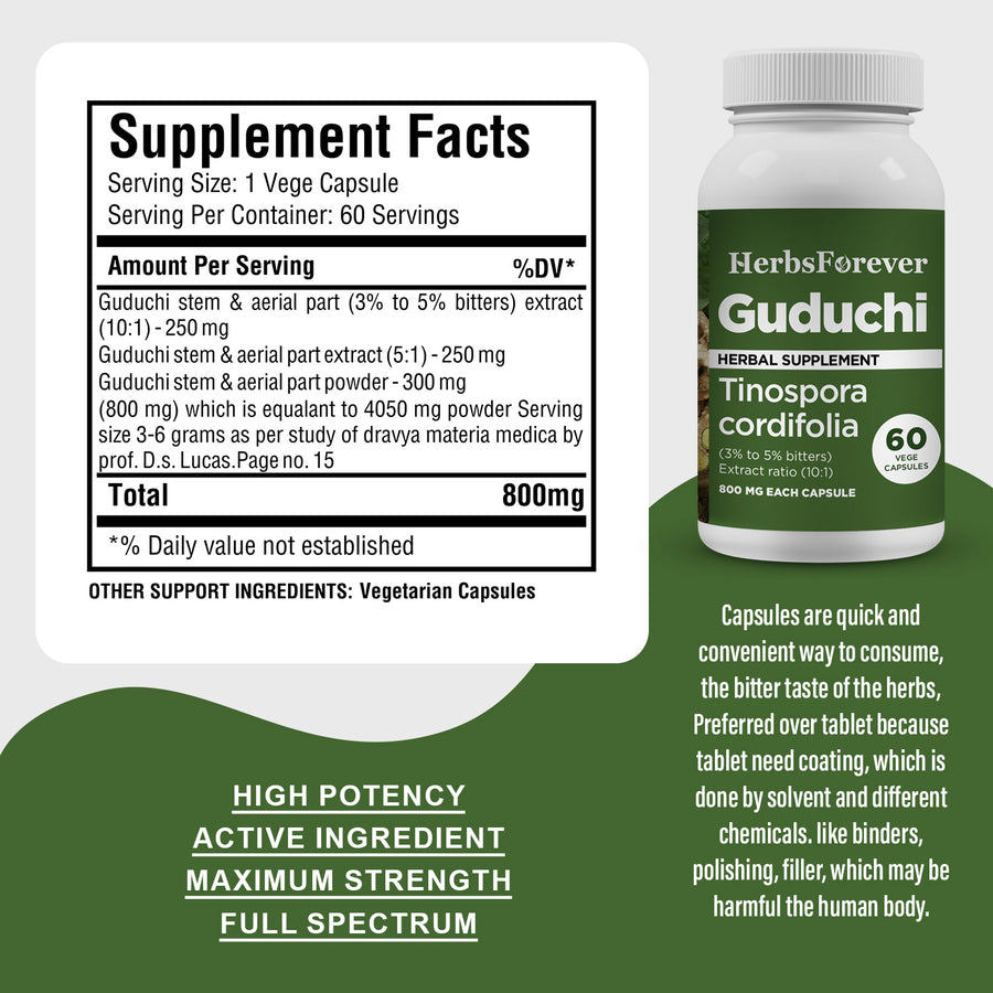 Guduchi Capsules – Tinospora Cordifolia - 3% to 5% bitters - Extract Ratio 10:1 - 60 Vege Capsules - 800 mg each