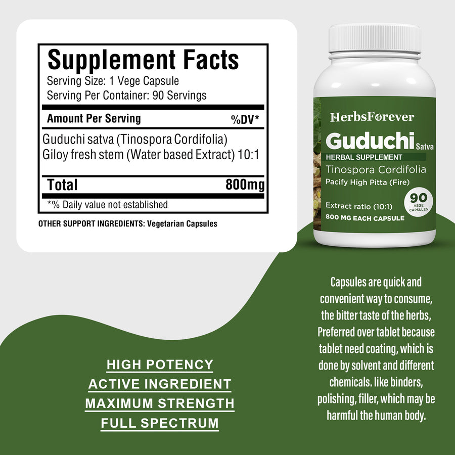 Guduchi Satva Capsules – Tinospora Cordifolia - (Water based Extract) 10:1 - 90 Vege Capsules - 800 mg each