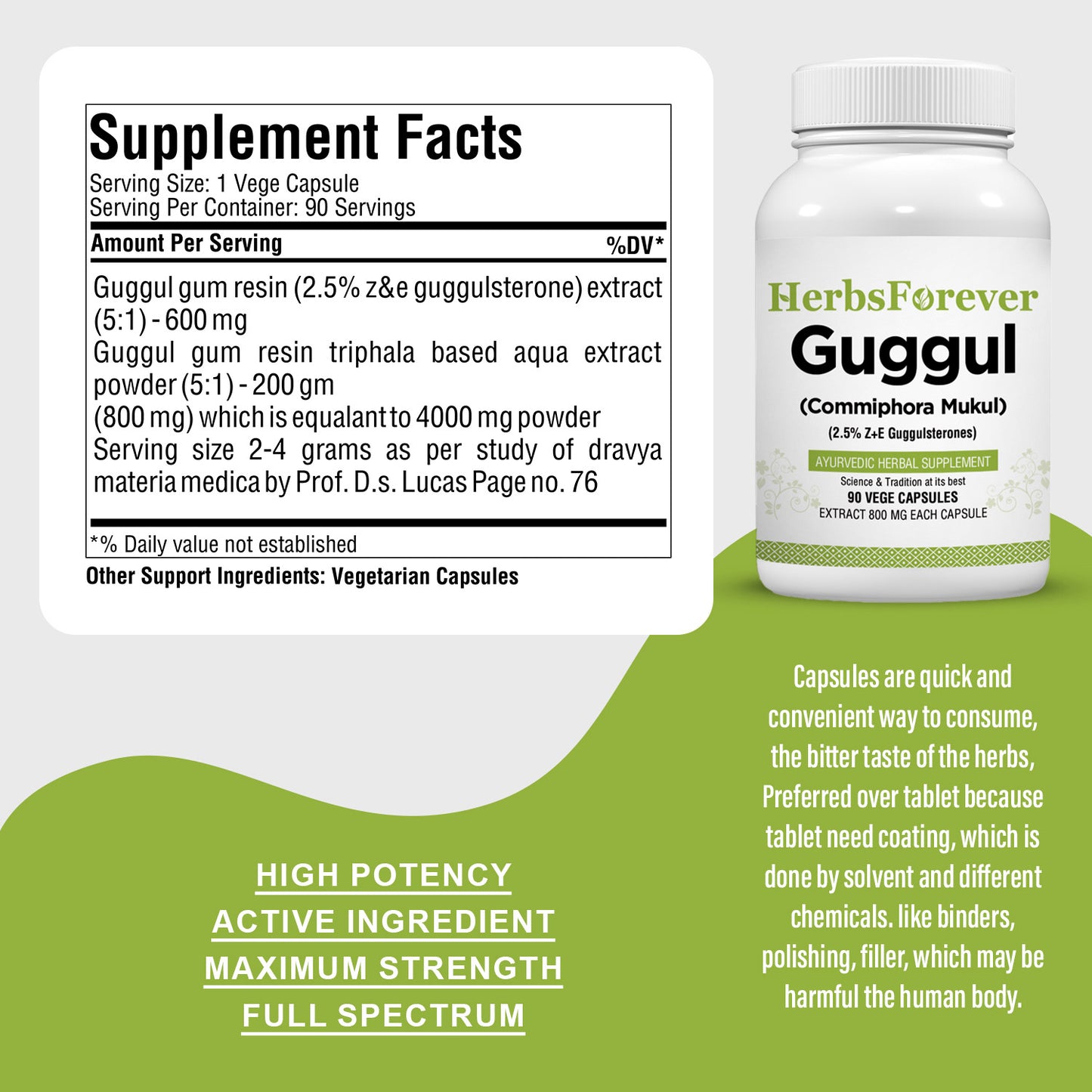 Guggul Resin Capsules – Commiphora Wightii - 2.5% Z+E - Extract Ratio 5:1 - 90 Vege Capsules - 800 mg each