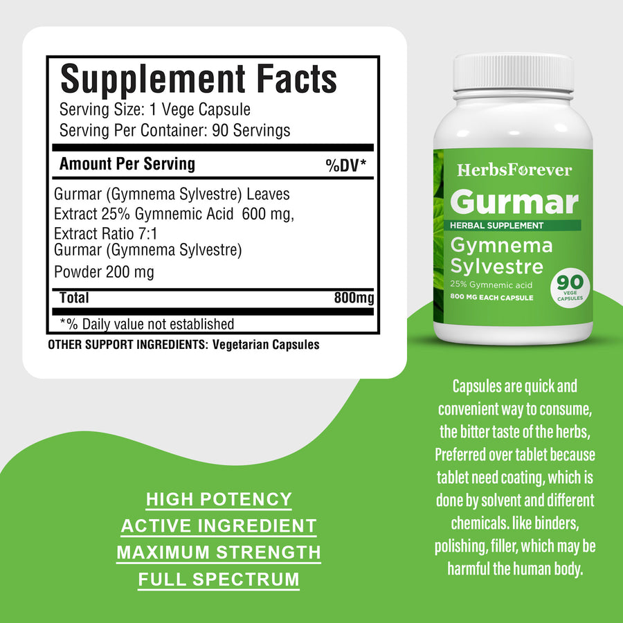 Gurmar Capsules – Gymnema Sylvestre - 25% Gymnemic Acid - Extract Ratio 7:1 - 90 Vege Capsules - 800 mg each