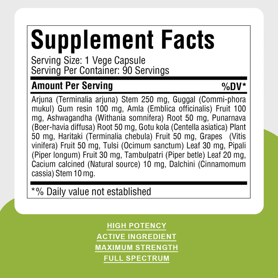 Heart Health Capsules - Ayurvedic Herbal Supplement – 90 Vege Capsules – 800 Mg Each