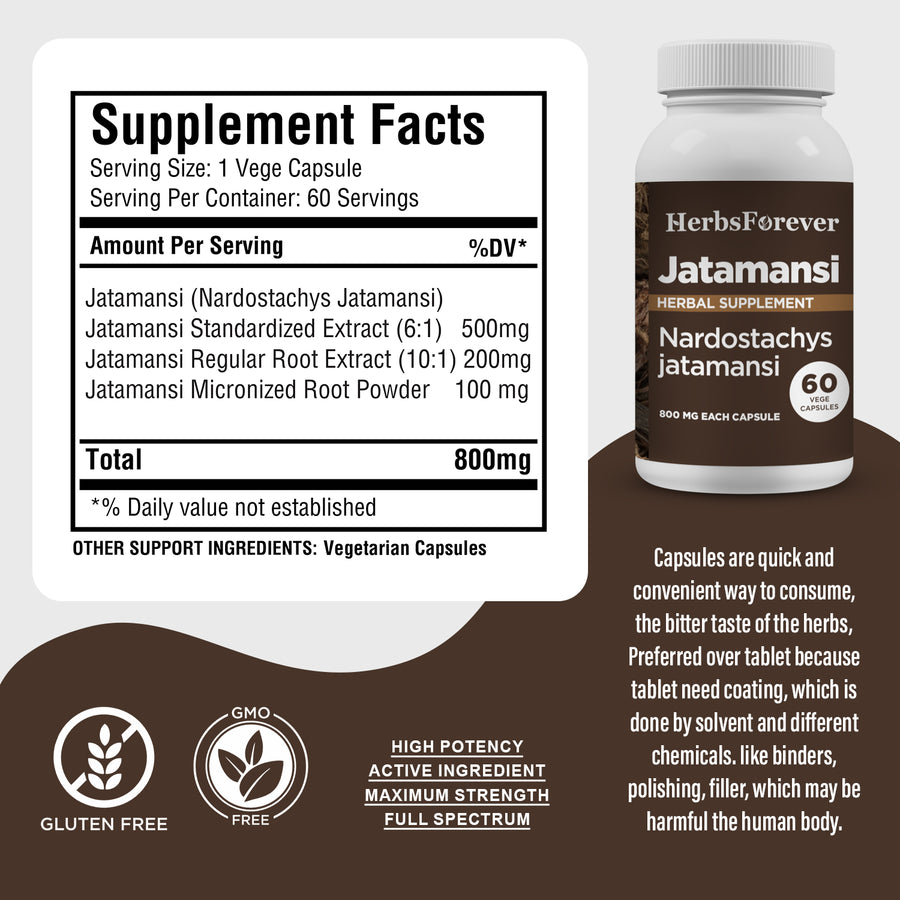 Jatamansi Capsules – Nardostachys Jatamansi - 2% to 2.5% Jatamansone - Extract Ratio 6:1 - 60 Vege Capsules - 800 mg each