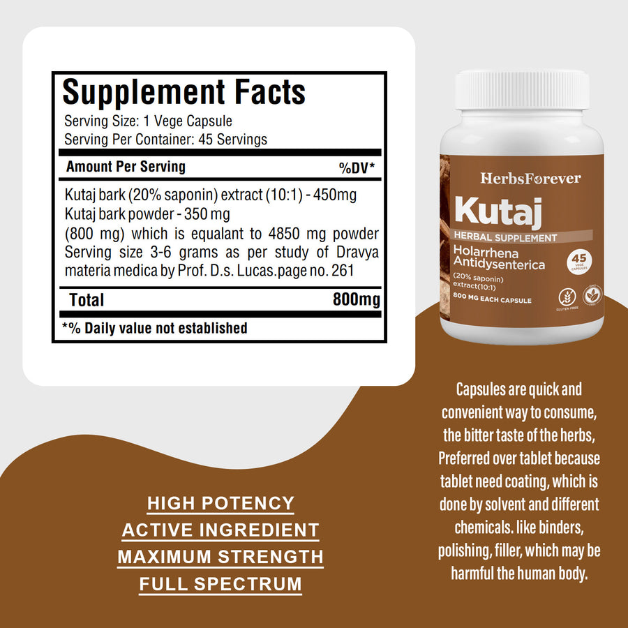 Kutaj Capsules (Holarrhena Antidysenterica) - 20% saponin - Extract Ratio 10:1 - 45 Vege Capsules - 800 mg each