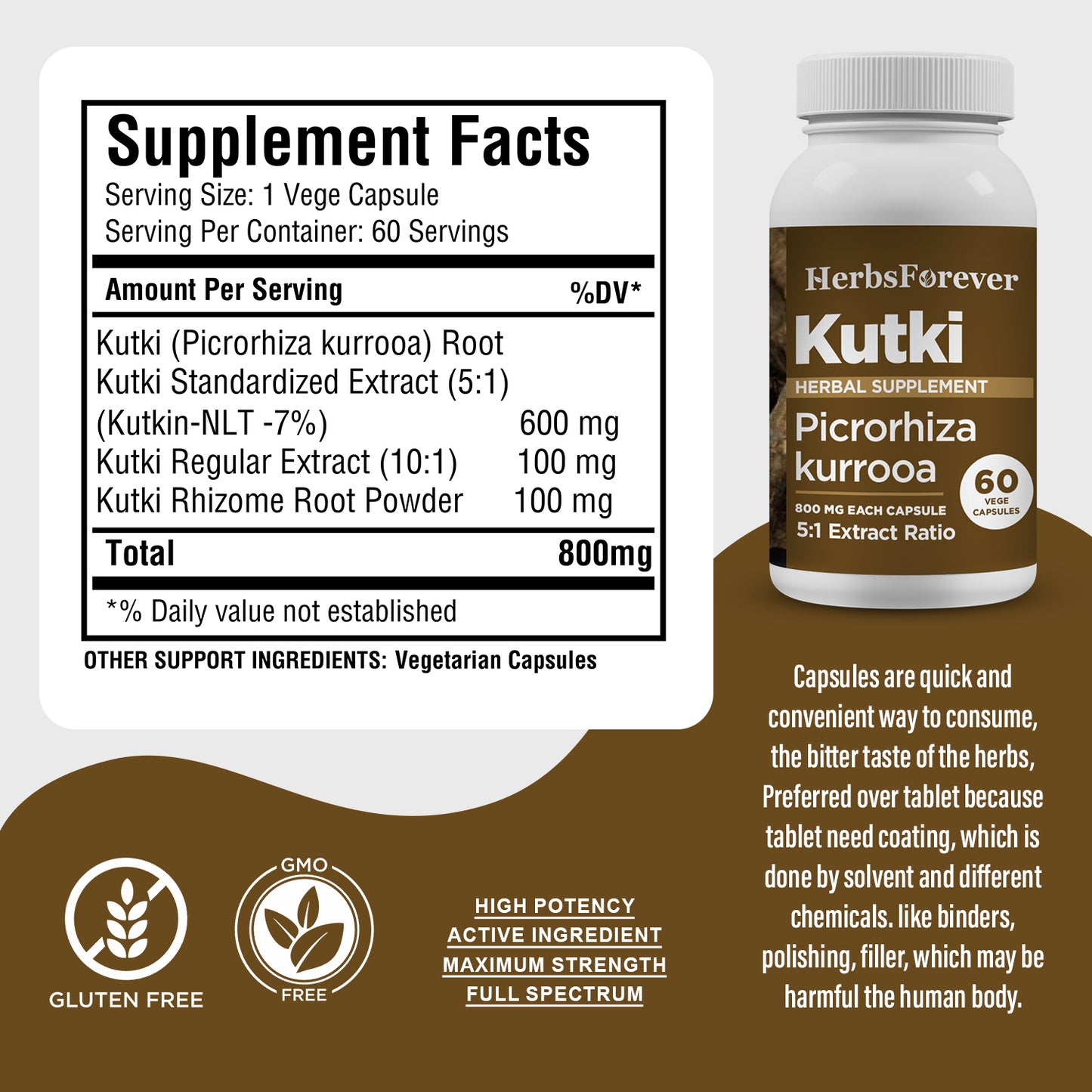 Kutki Capsules - Picrohiza Kurroa - 7% Kutkin - Extract Ratio 5:1 - 60 Vege Capsules - 800 mg each