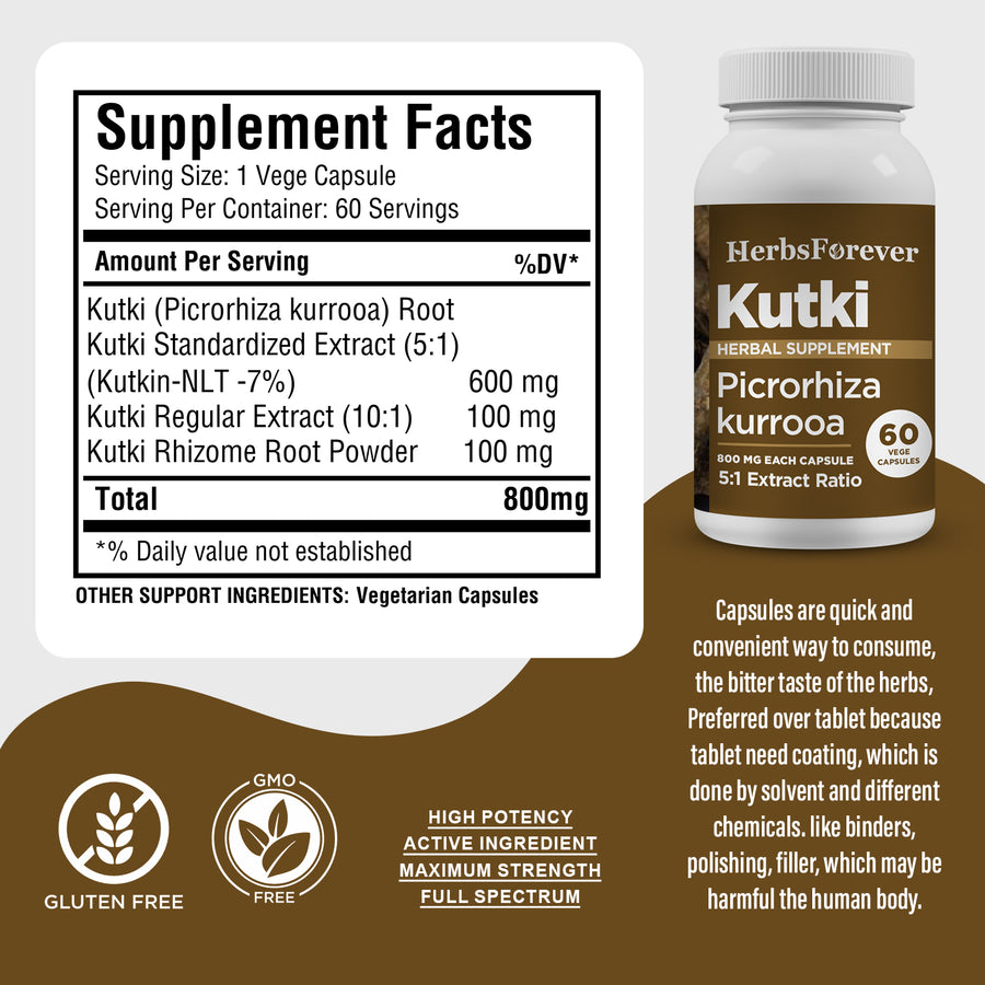 Kutki Capsules - Picrohiza Kurroa - 7% Kutkin - Extract Ratio 5:1 - 60 Vege Capsules - 800 mg each