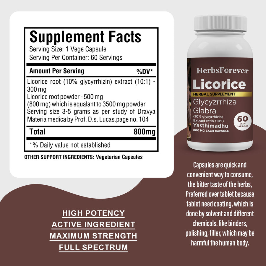 Licorice Capsules – Glycyrrhiza Glabra - 10% glycyrrhizin - Extract Ratio 10:1 - 60 Vege Capsules - 800 mg each