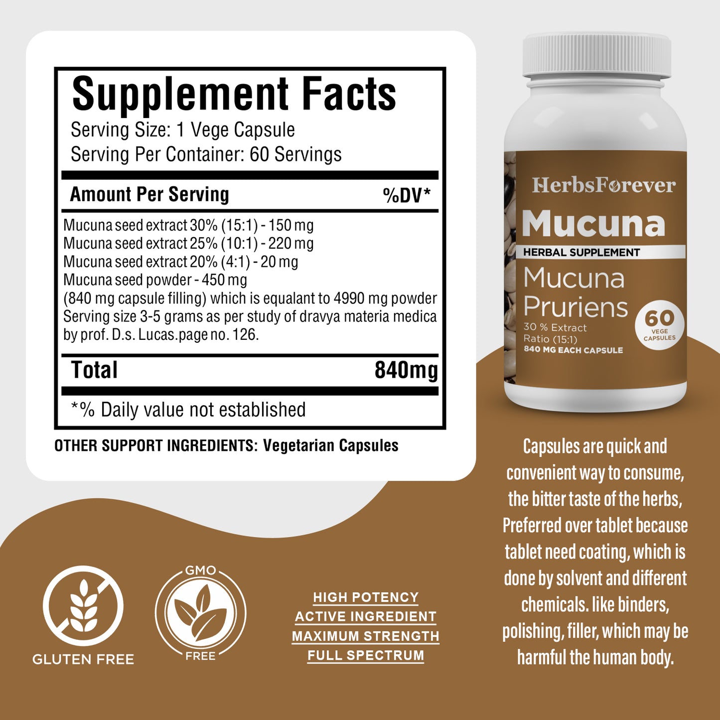 Mucuna Capsules - Mucuna Pruriens - 30% - Extract Ratio 15:1 - 60 Vege Capsules - 840 mg each