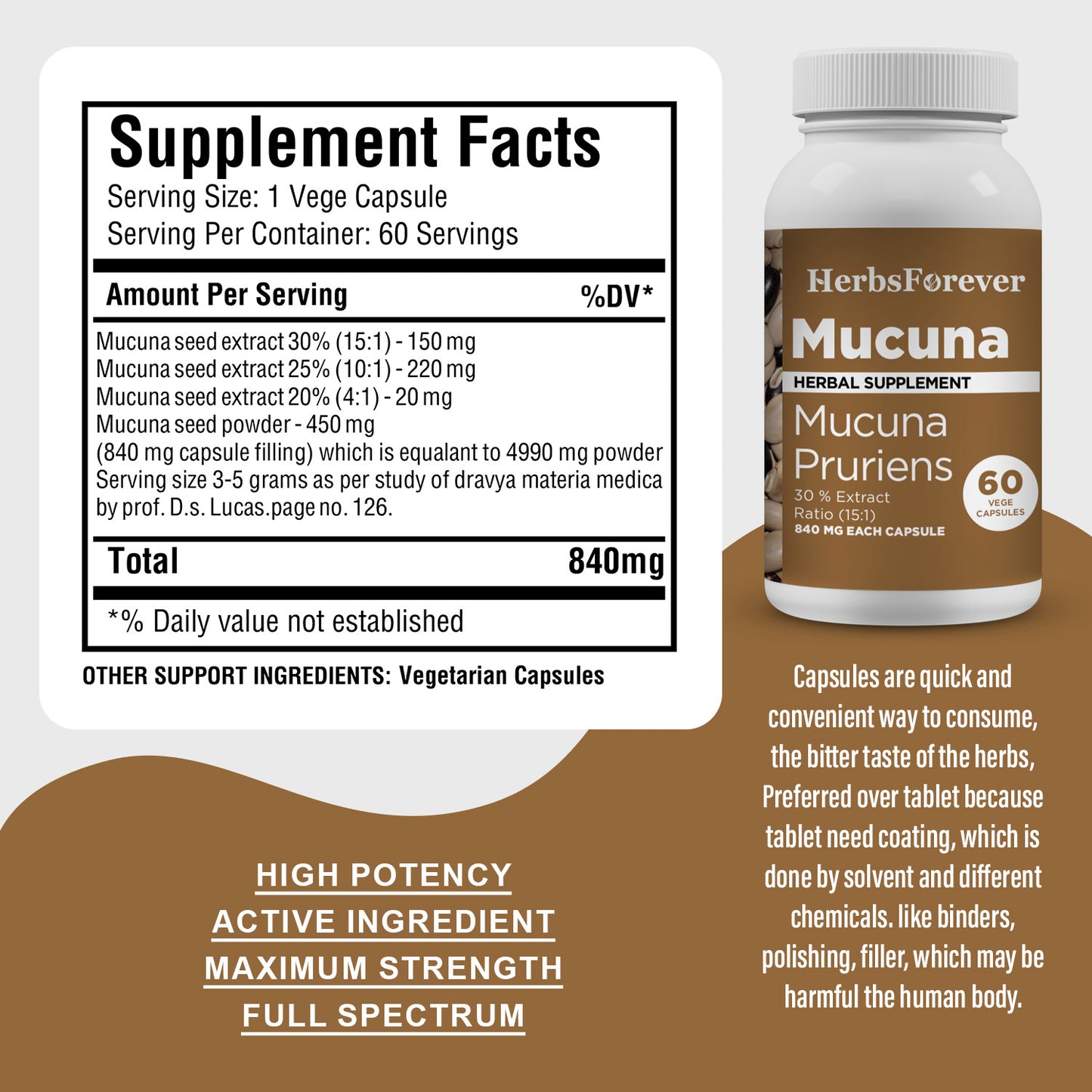 Mucuna Capsules - Mucuna Pruriens - 30% - Extract Ratio 15:1 - 60 Vege Capsules - 840 mg each