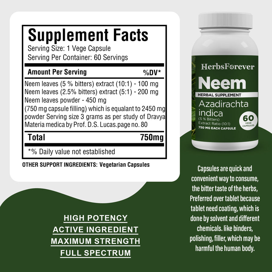 Neem Capsules – Azadirachta Indica - 5% Bitters - Extract Ratio 10:1 - 60 Vege Capsules - 750 mg each