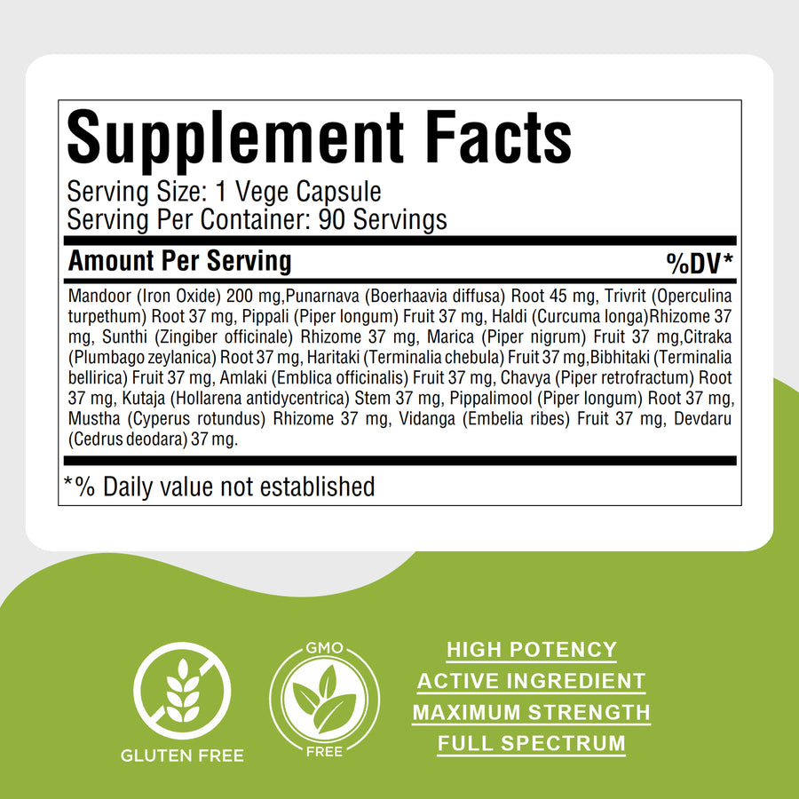Punarnavadi Mandoor - Ayurvedic Herbal Supplement - 90 Vege Capsules - 800 Mg Each