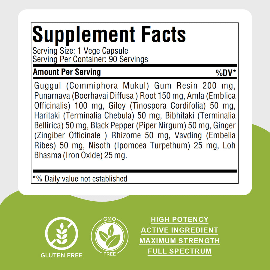 Punarnavadi Guggulu - Ayurvedic Herbal Supplement - 90 Vege Capsules - 800 Mg Each