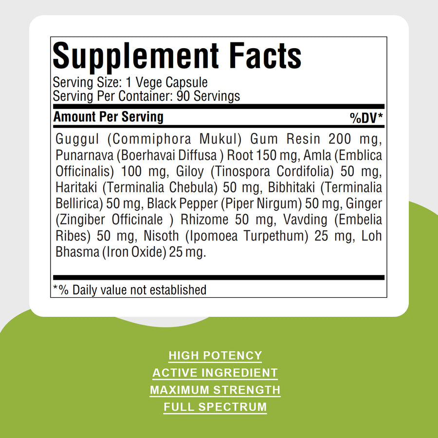 Punarnavadi Guggulu - Ayurvedic Herbal Supplement - 90 Vege Capsules - 800 Mg Each