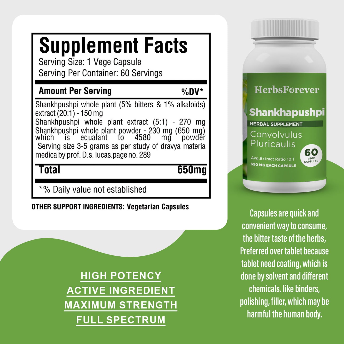 Shankhpushpi Capsules – Convolvulus Pluricaulis - 5% bitters & 1% alkaloids - Extract Ratio 20:1 - 60 Vege Capsules - 650 mg each
