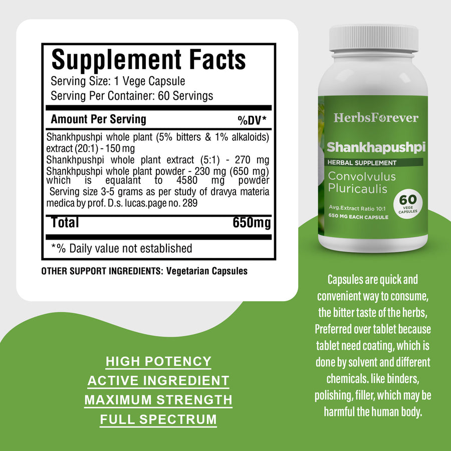 Shankhpushpi Capsules – Convolvulus Pluricaulis - 5% bitters & 1% alkaloids - Extract Ratio 20:1 - 60 Vege Capsules - 650 mg each