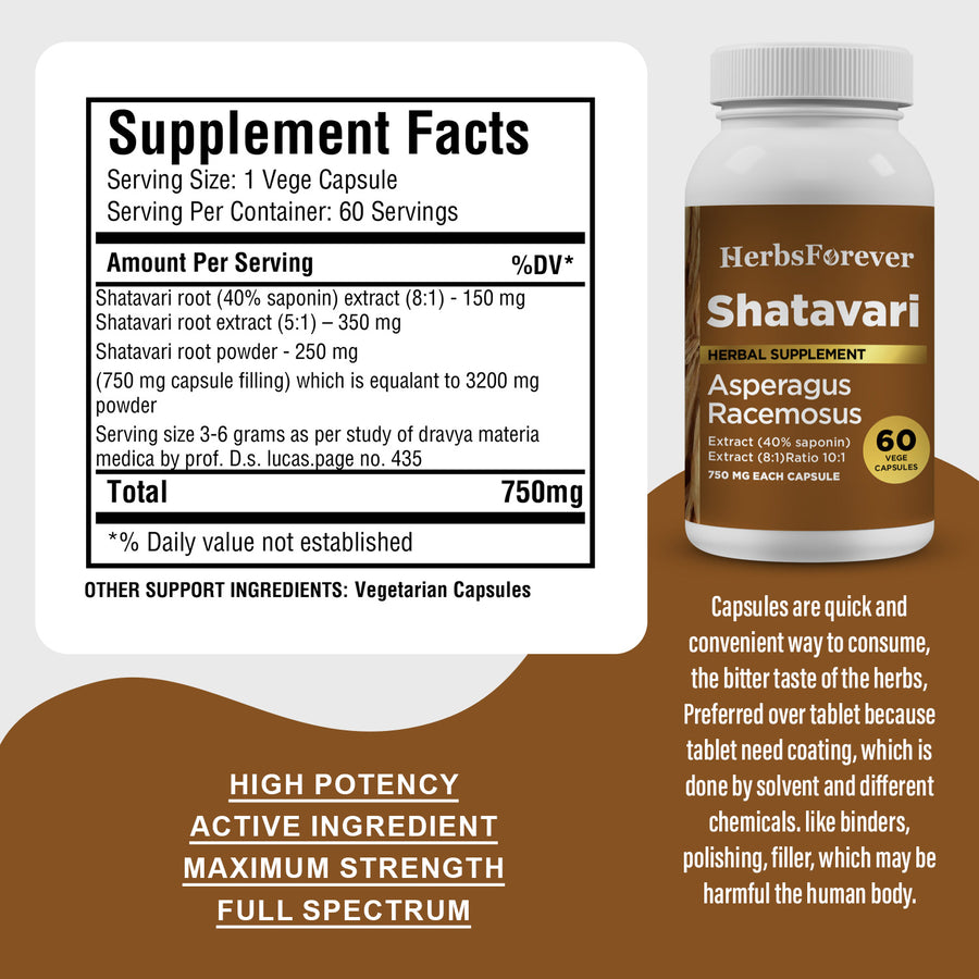 Shatavari Capsules – Asparagus Racemosus - 40% saponin - Extract Ratio 8:1 - 60 Vege Capsules - 750 mg each