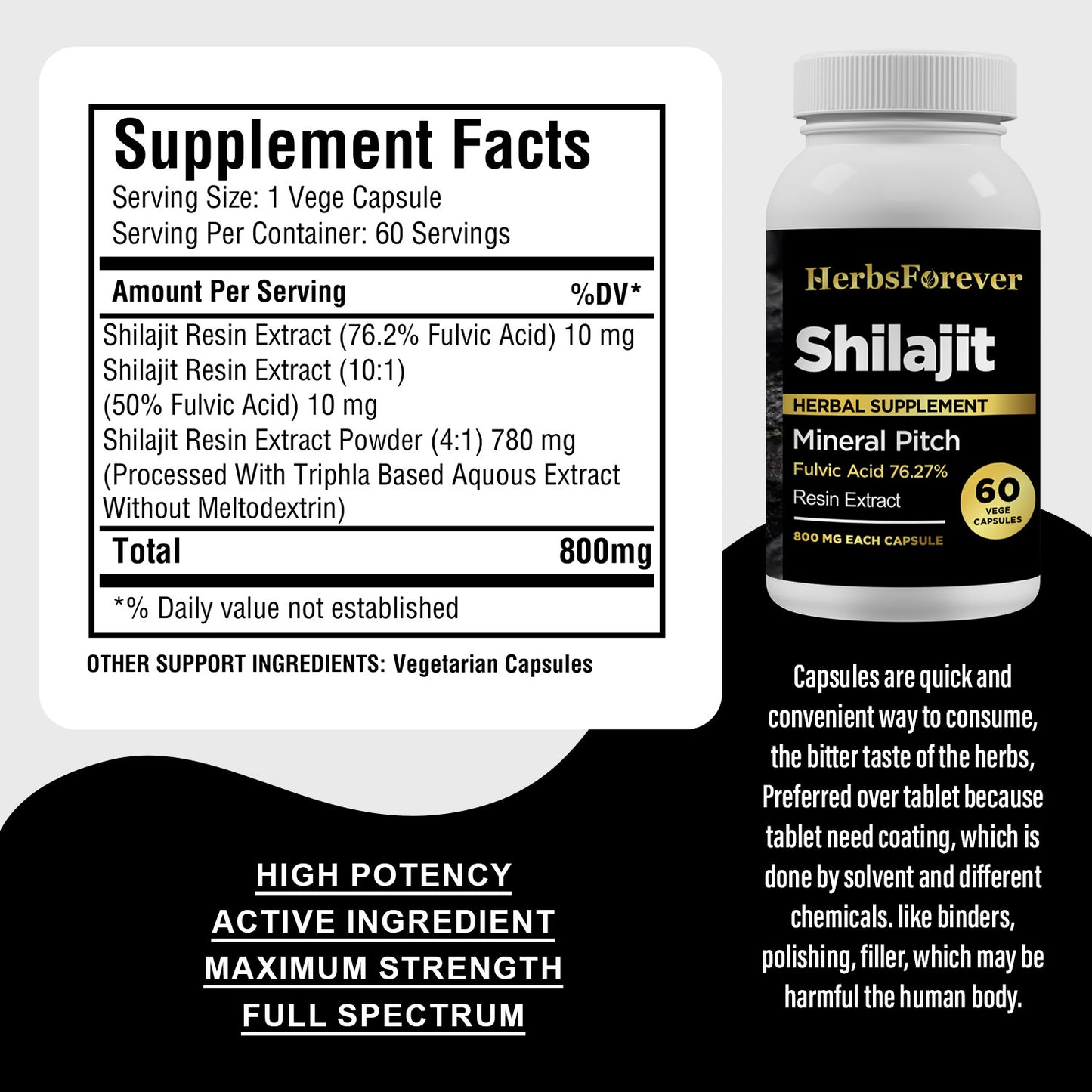Shilajit Capsules – Mineral Pitch - 76.2% Fulvic Acid - Extract Ratio 10:1 - 60 Vege Capsules - 800 mg each